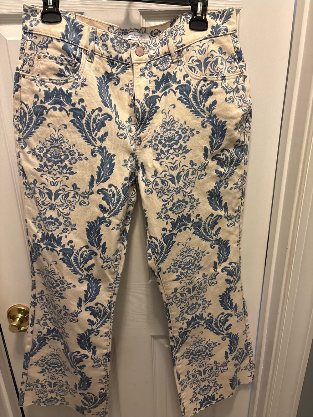 Ann Taylor Cream and Blue Floral Wide-Leg Jeans